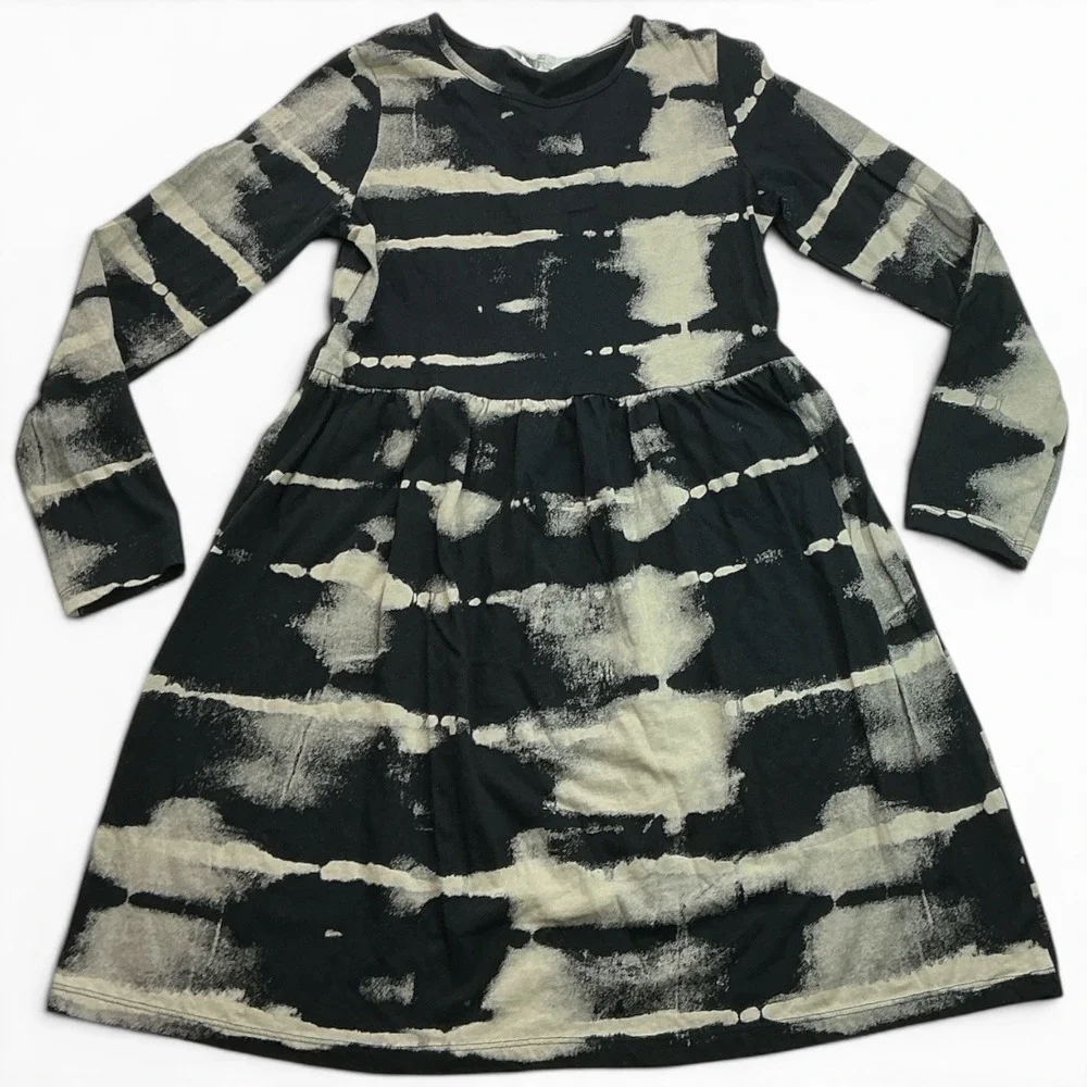 H&M Black Acid Wash Stripe Dress Kids Size 8/10 Long Sleeve Cotton Skater